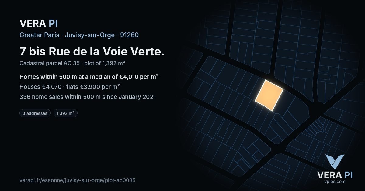 7 bis Rue de la Voie Verte, Juvisy-sur-Orge at night – the plot lit, the parcels around coloured by the prices near them
