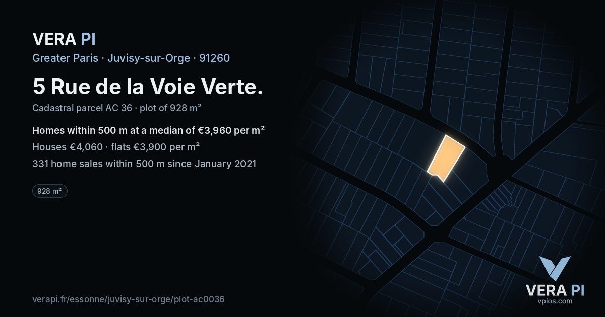 5 Rue de la Voie Verte, Juvisy-sur-Orge at night – the plot lit, the parcels around coloured by the prices near them