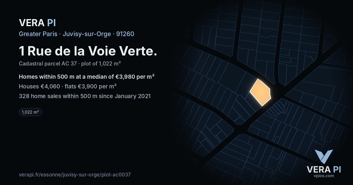 1 Rue de la Voie Verte, Juvisy-sur-Orge at night – the plot lit, the parcels around coloured by the prices near them