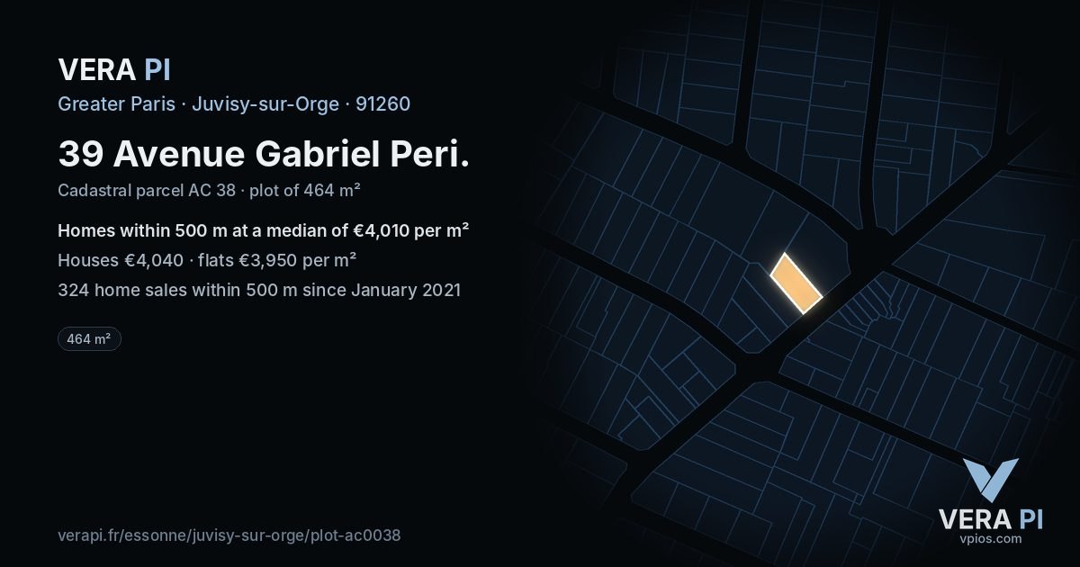 39 Avenue Gabriel Peri, Juvisy-sur-Orge at night – the plot lit, the parcels around coloured by the prices near them