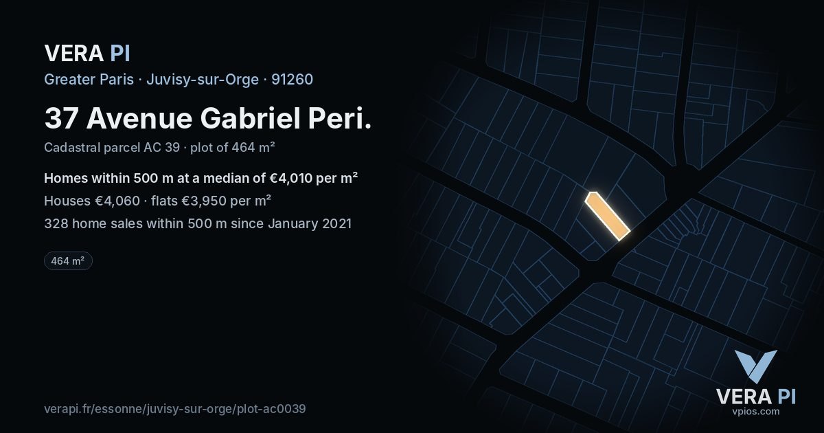 37 Avenue Gabriel Peri, Juvisy-sur-Orge at night – the plot lit, the parcels around coloured by the prices near them