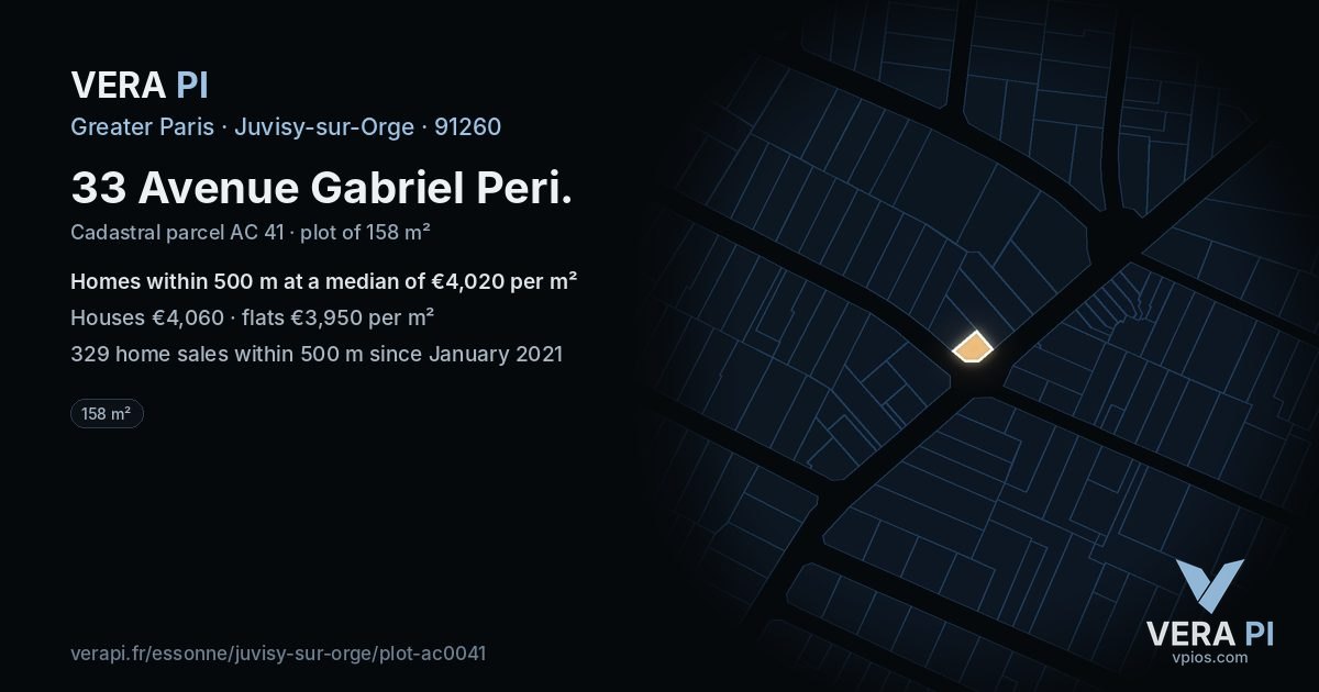 33 Avenue Gabriel Peri, Juvisy-sur-Orge at night – the plot lit, the parcels around coloured by the prices near them