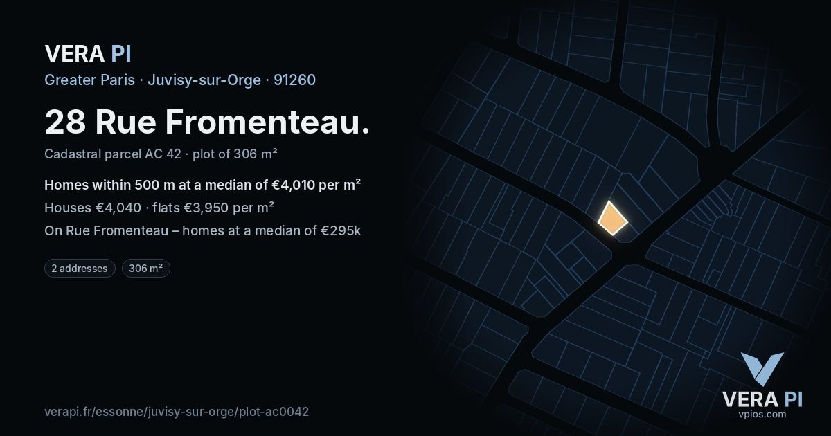 28 Rue Fromenteau, Juvisy-sur-Orge at night – the plot lit, the parcels around coloured by the prices near them