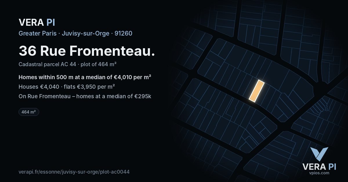 36 Rue Fromenteau, Juvisy-sur-Orge at night – the plot lit, the parcels around coloured by the prices near them