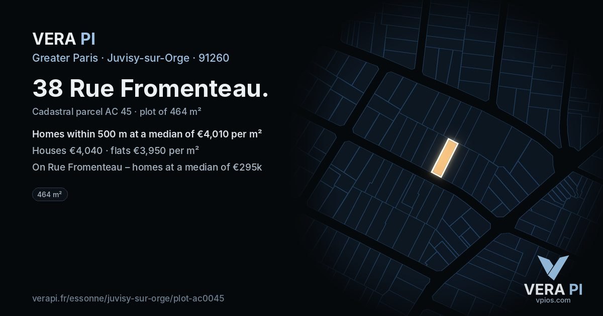38 Rue Fromenteau, Juvisy-sur-Orge at night – the plot lit, the parcels around coloured by the prices near them