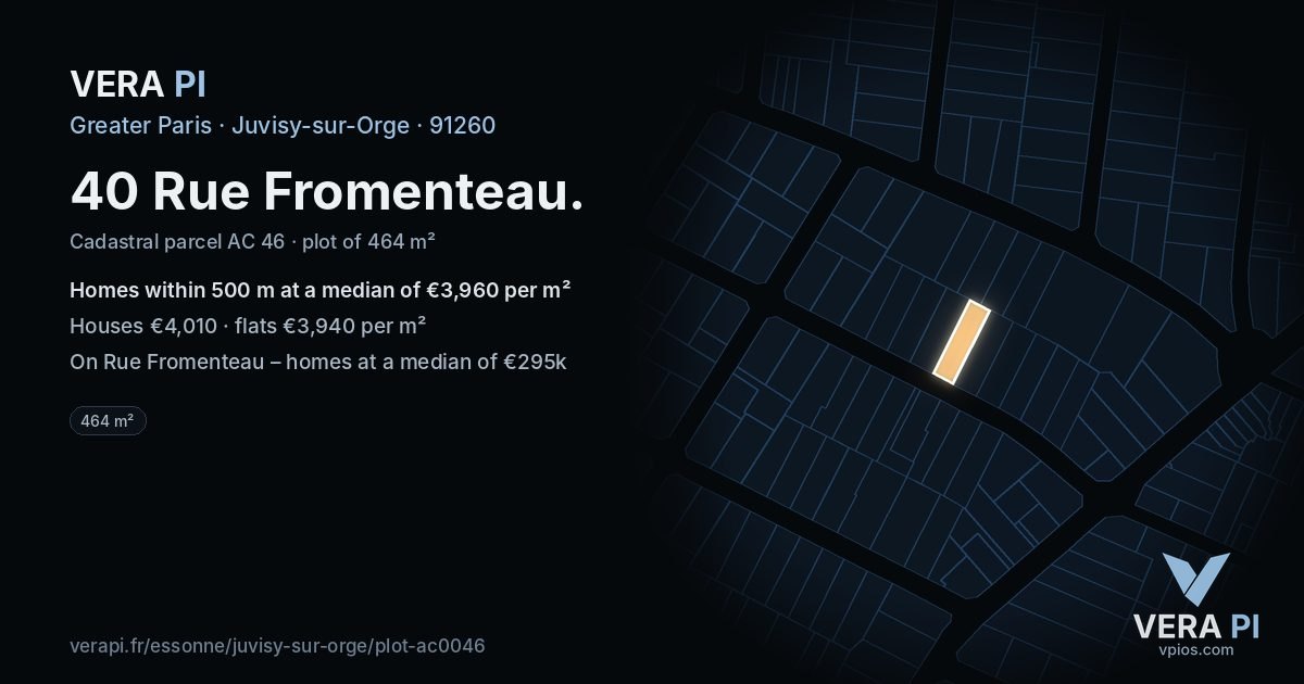 40 Rue Fromenteau, Juvisy-sur-Orge at night – the plot lit, the parcels around coloured by the prices near them