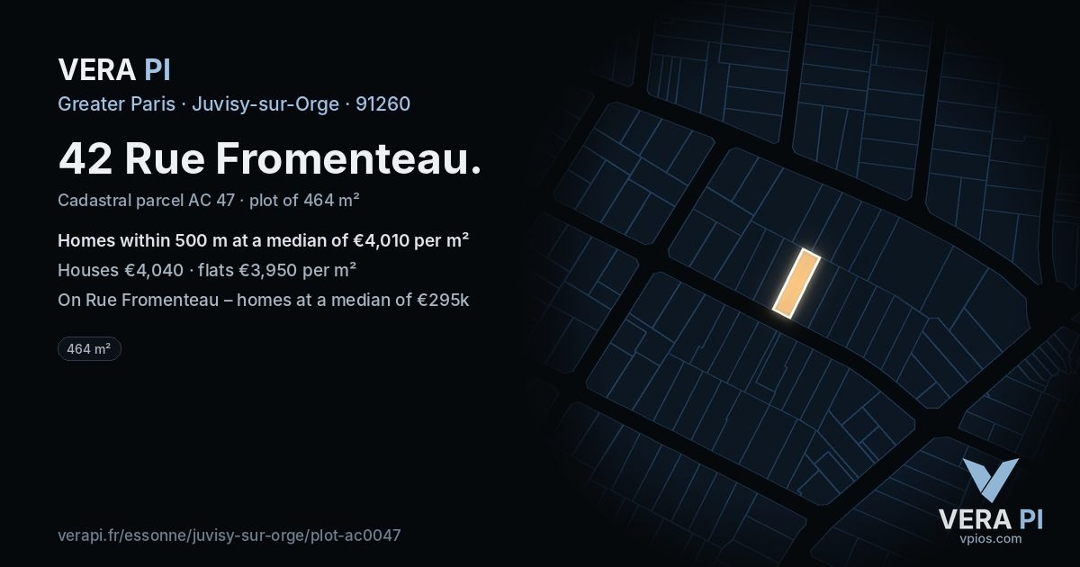 42 Rue Fromenteau, Juvisy-sur-Orge at night – the plot lit, the parcels around coloured by the prices near them
