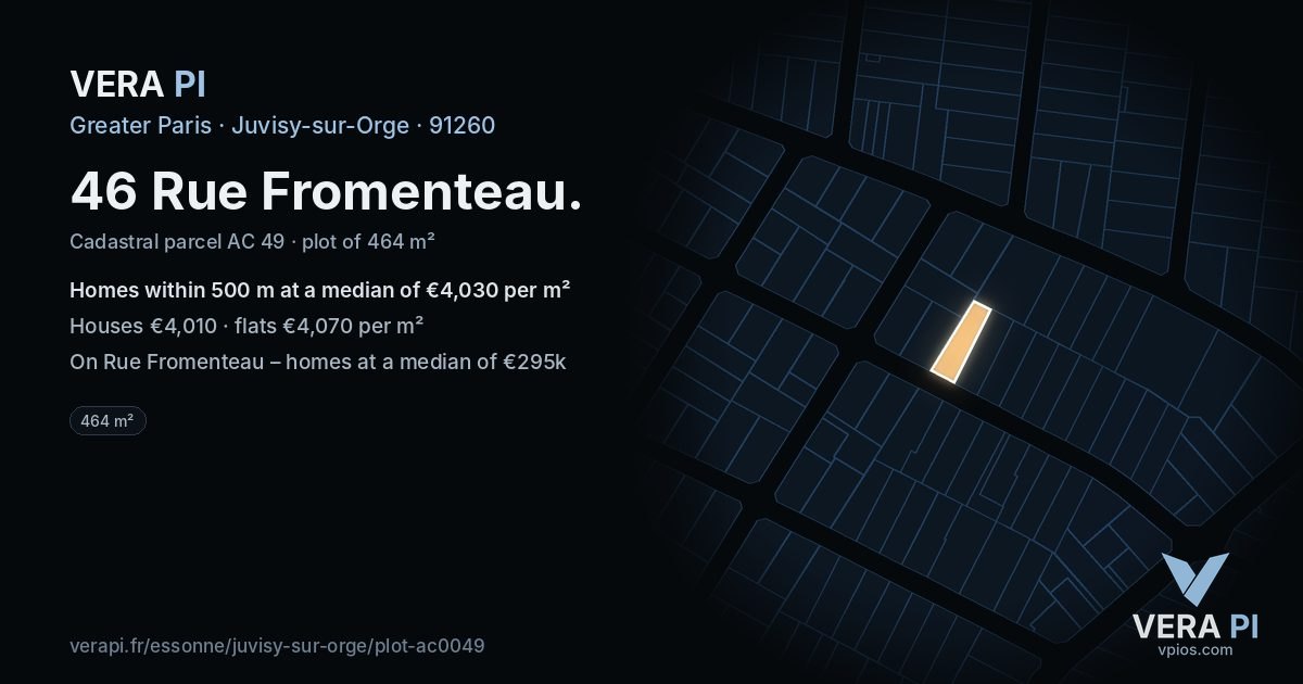 46 Rue Fromenteau, Juvisy-sur-Orge at night – the plot lit, the parcels around coloured by the prices near them
