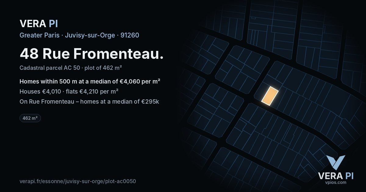 48 Rue Fromenteau, Juvisy-sur-Orge at night – the plot lit, the parcels around coloured by the prices near them
