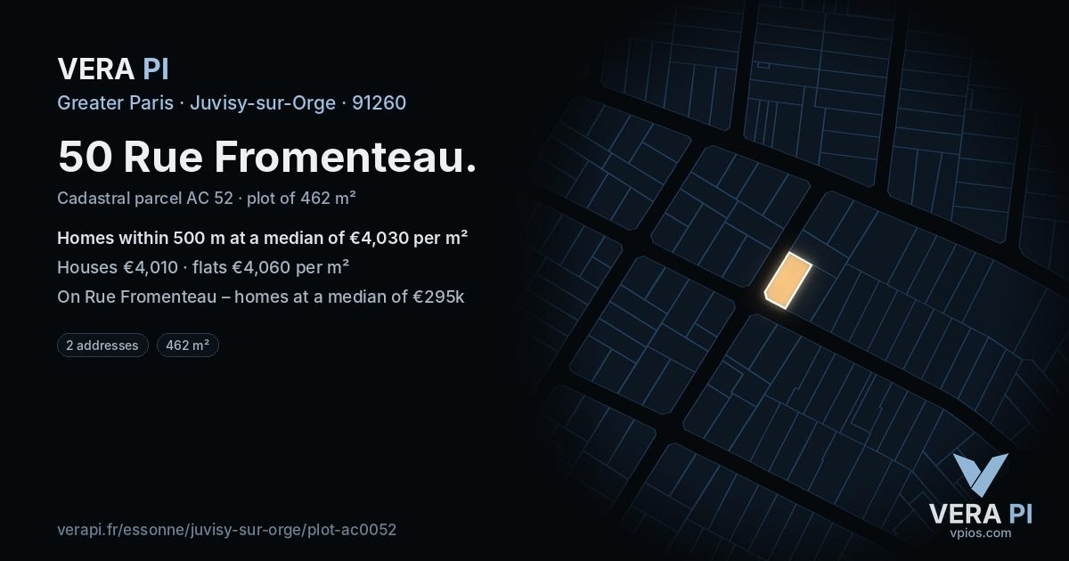 50 Rue Fromenteau, Juvisy-sur-Orge at night – the plot lit, the parcels around coloured by the prices near them