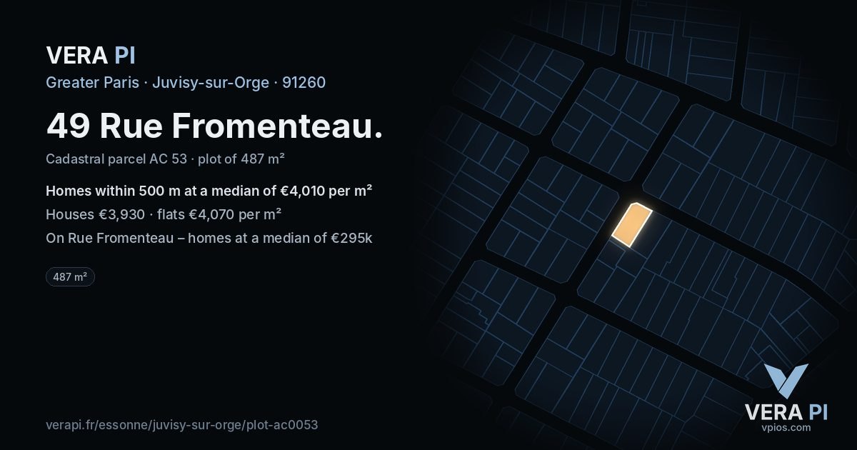49 Rue Fromenteau, Juvisy-sur-Orge at night – the plot lit, the parcels around coloured by the prices near them