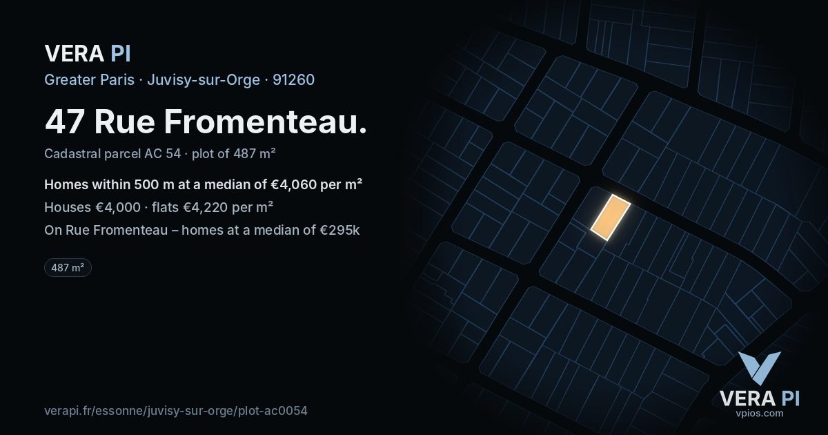 47 Rue Fromenteau, Juvisy-sur-Orge at night – the plot lit, the parcels around coloured by the prices near them
