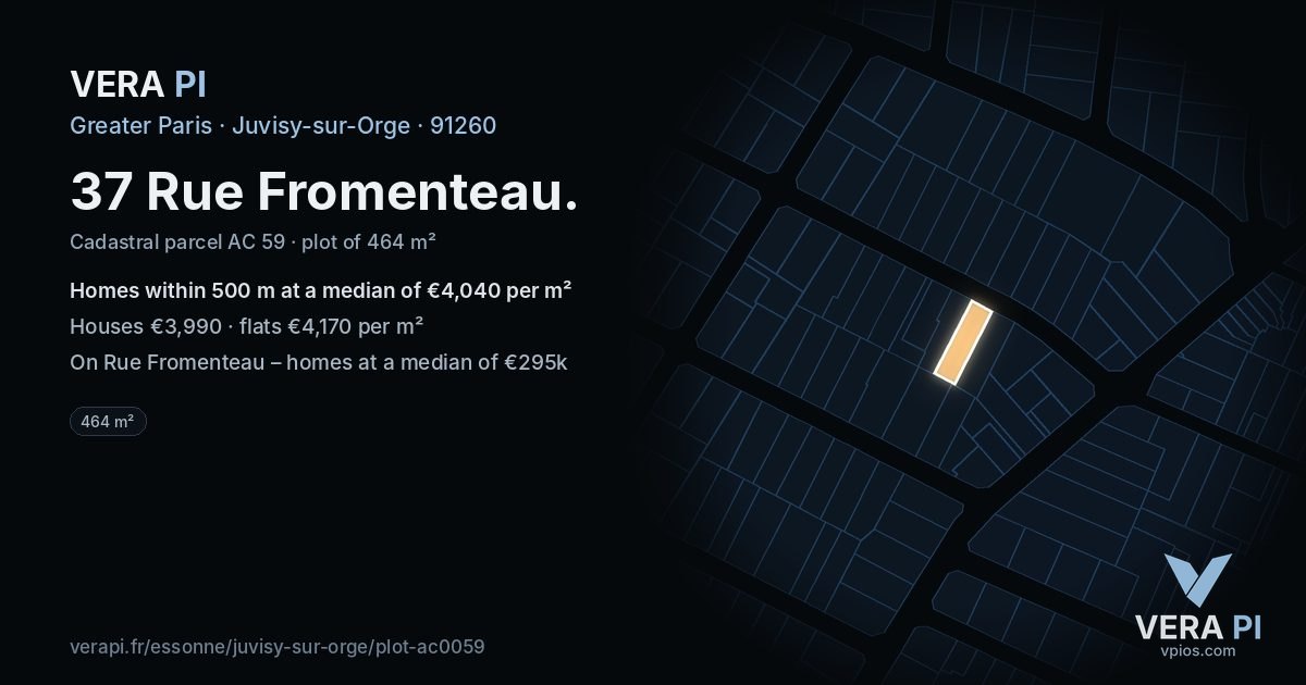 37 Rue Fromenteau, Juvisy-sur-Orge at night – the plot lit, the parcels around coloured by the prices near them