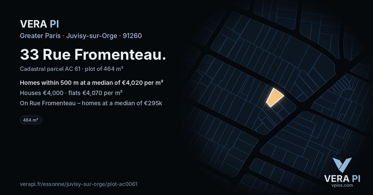 33 Rue Fromenteau, Juvisy-sur-Orge at night – the plot lit, the parcels around coloured by the prices near them