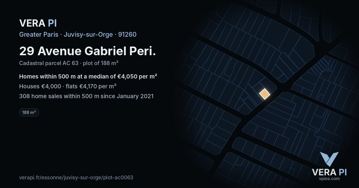 29 Avenue Gabriel Peri, Juvisy-sur-Orge at night – the plot lit, the parcels around coloured by the prices near them