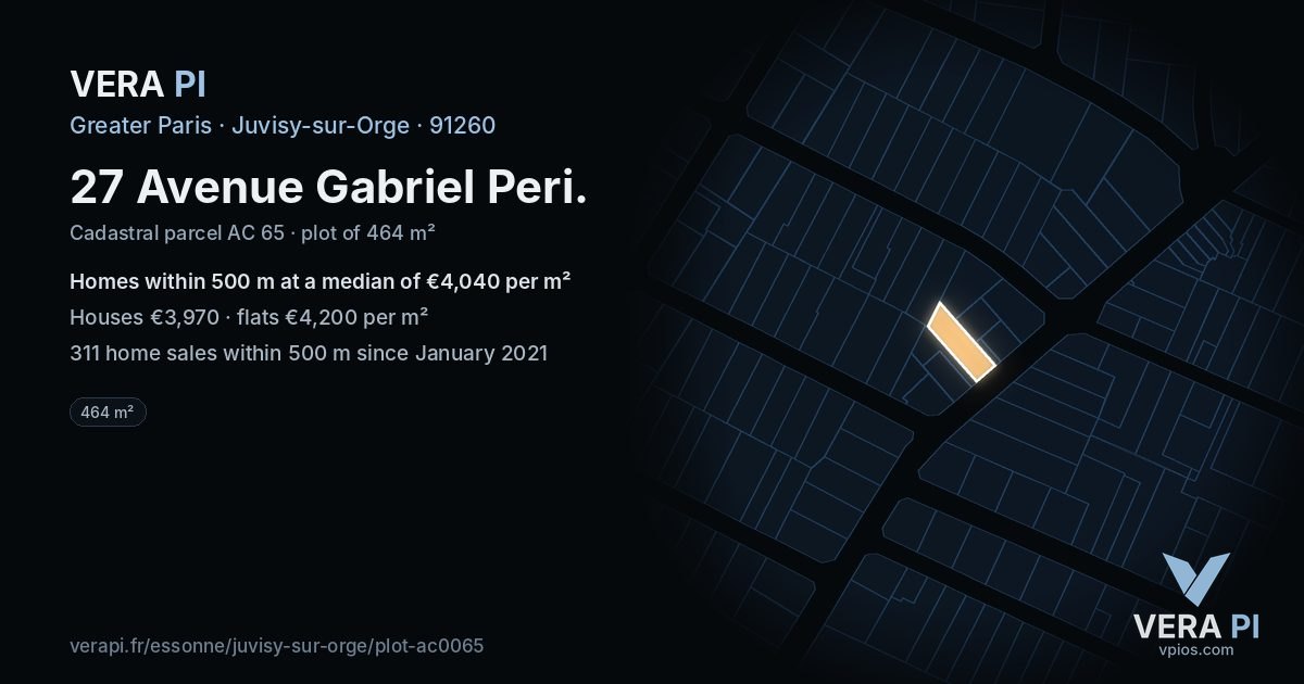 27 Avenue Gabriel Peri, Juvisy-sur-Orge at night – the plot lit, the parcels around coloured by the prices near them