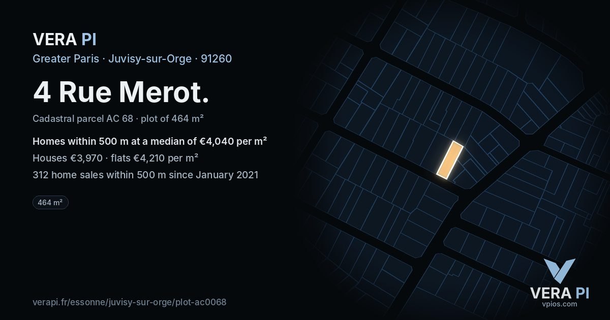 4 Rue Merot, Juvisy-sur-Orge at night – the plot lit, the parcels around coloured by the prices near them
