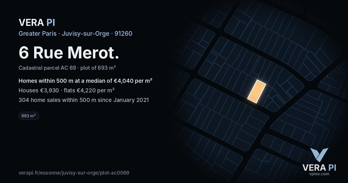 6 Rue Merot, Juvisy-sur-Orge at night – the plot lit, the parcels around coloured by the prices near them