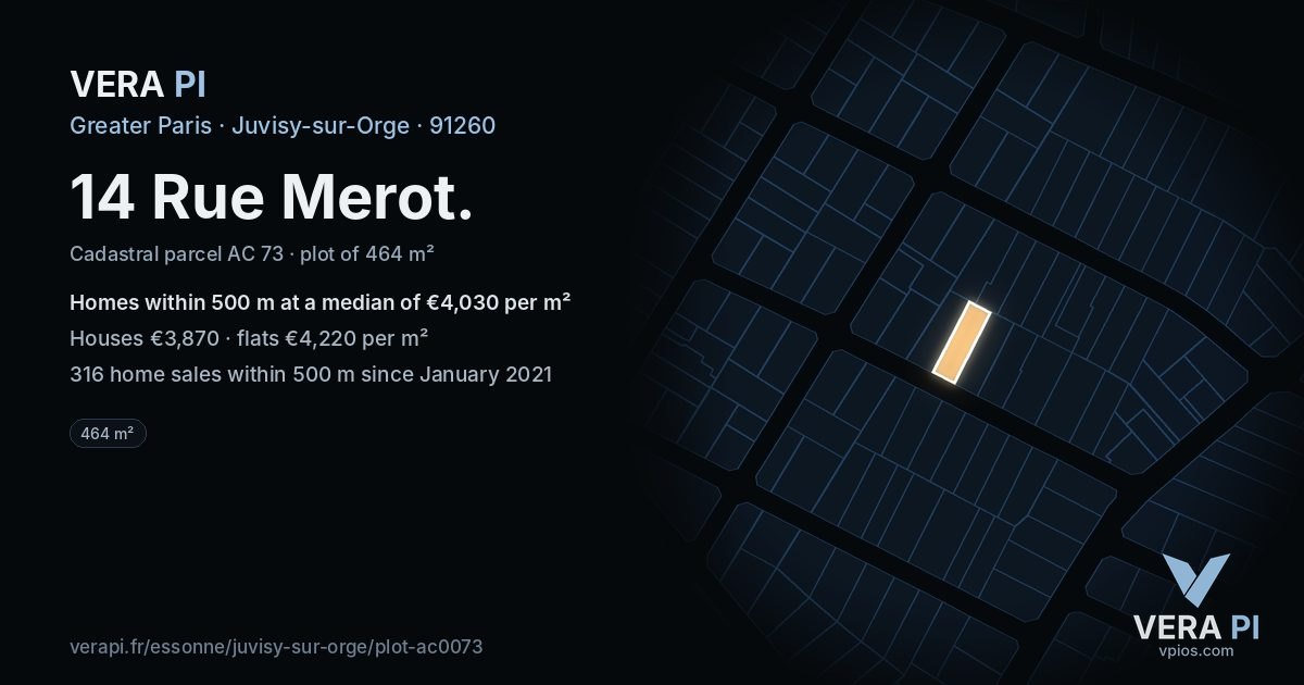14 Rue Merot, Juvisy-sur-Orge at night – the plot lit, the parcels around coloured by the prices near them
