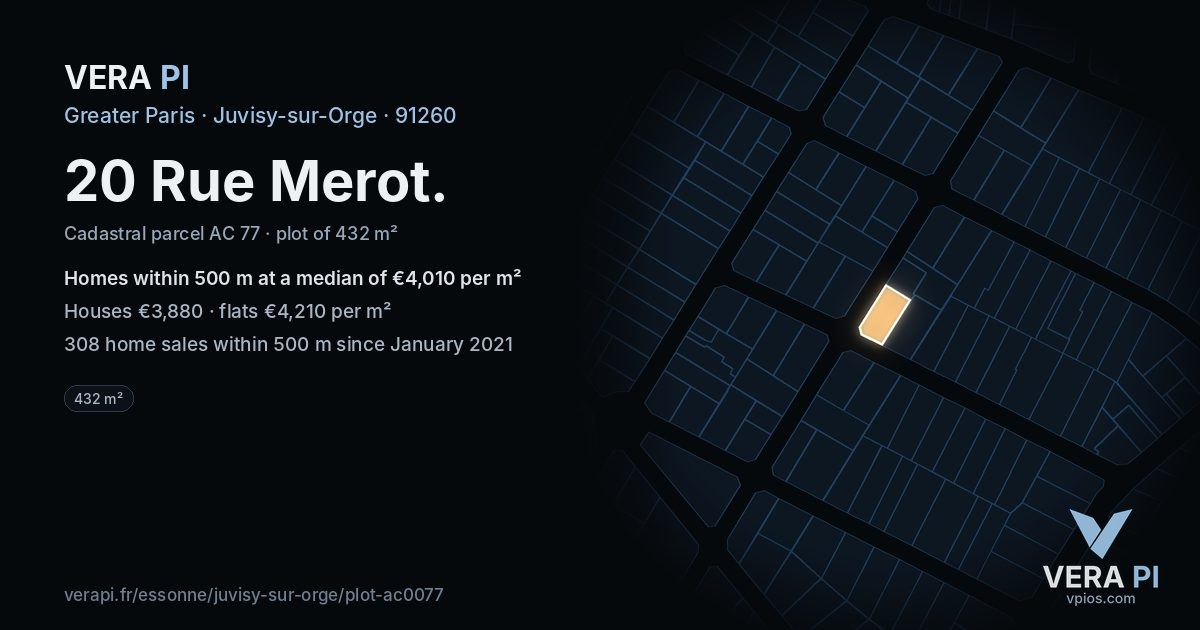 20 Rue Merot, Juvisy-sur-Orge at night – the plot lit, the parcels around coloured by the prices near them