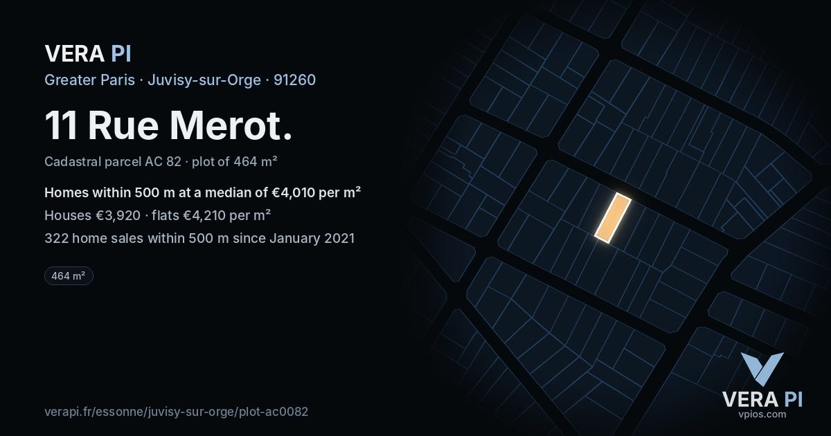 11 Rue Merot, Juvisy-sur-Orge at night – the plot lit, the parcels around coloured by the prices near them