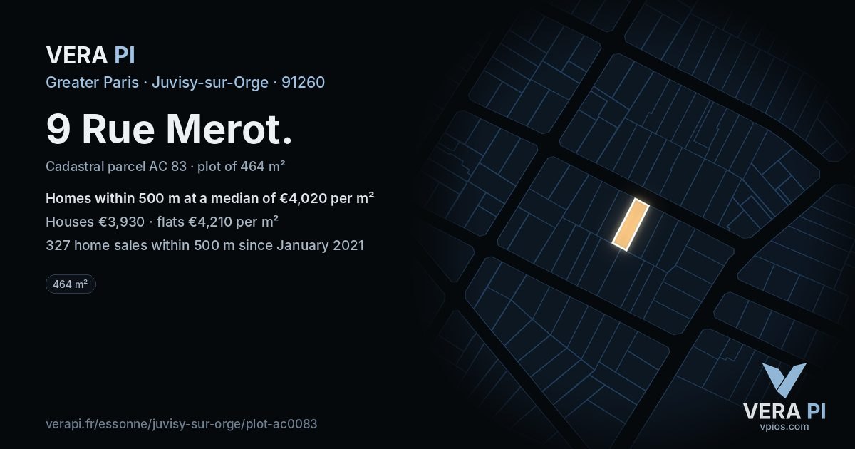9 Rue Merot, Juvisy-sur-Orge at night – the plot lit, the parcels around coloured by the prices near them