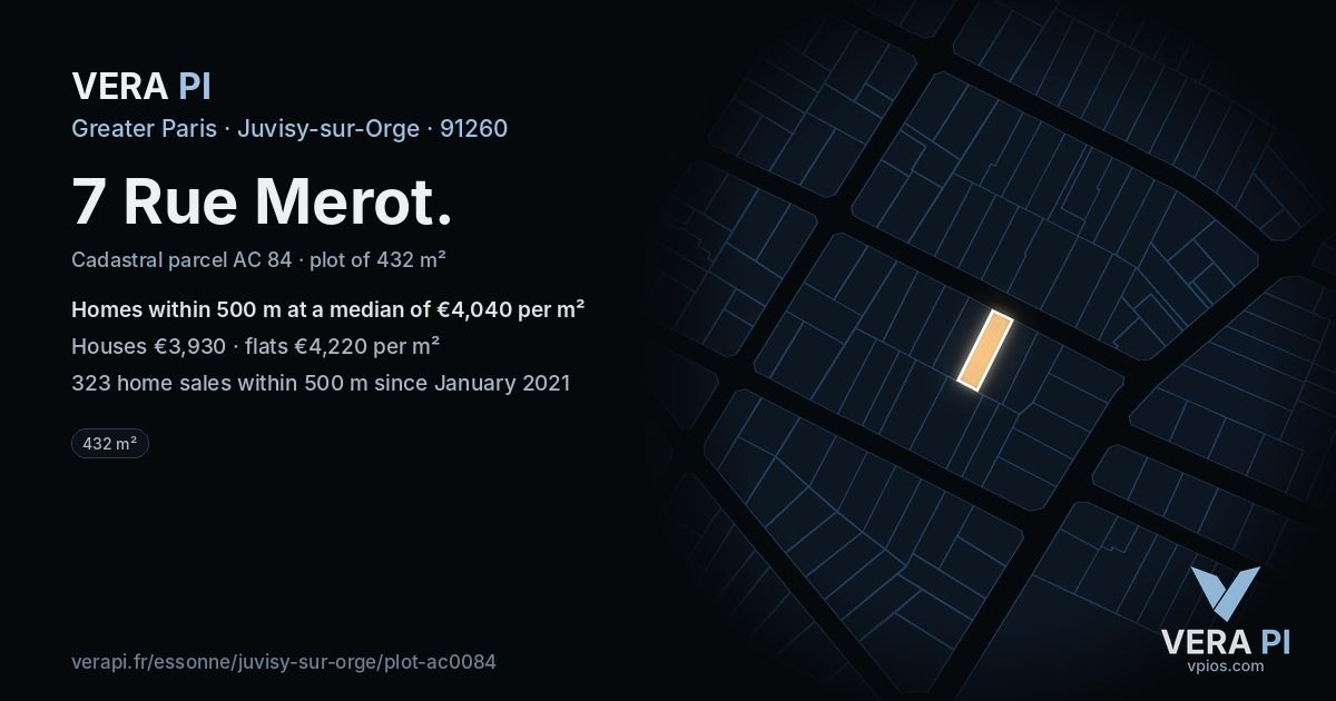 7 Rue Merot, Juvisy-sur-Orge at night – the plot lit, the parcels around coloured by the prices near them