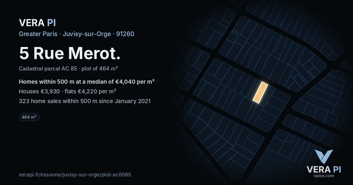 5 Rue Merot, Juvisy-sur-Orge at night – the plot lit, the parcels around coloured by the prices near them