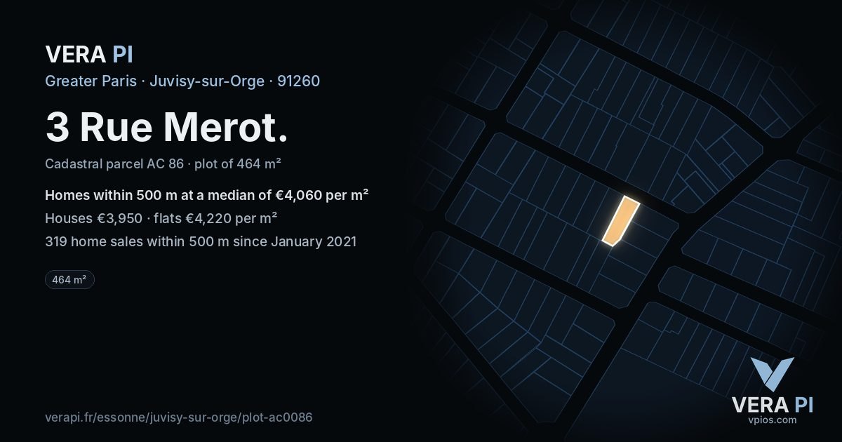 3 Rue Merot, Juvisy-sur-Orge at night – the plot lit, the parcels around coloured by the prices near them
