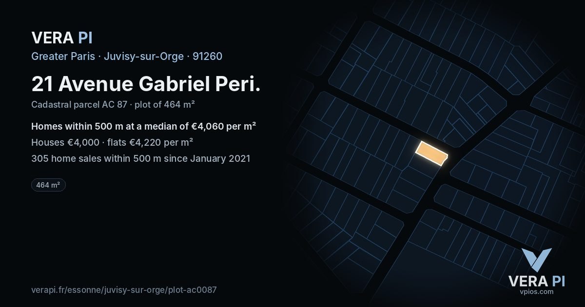 21 Avenue Gabriel Peri, Juvisy-sur-Orge at night – the plot lit, the parcels around coloured by the prices near them