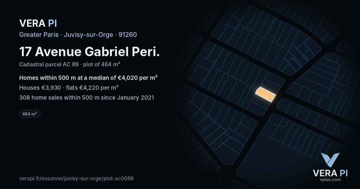 17 Avenue Gabriel Peri, Juvisy-sur-Orge at night – the plot lit, the parcels around coloured by the prices near them