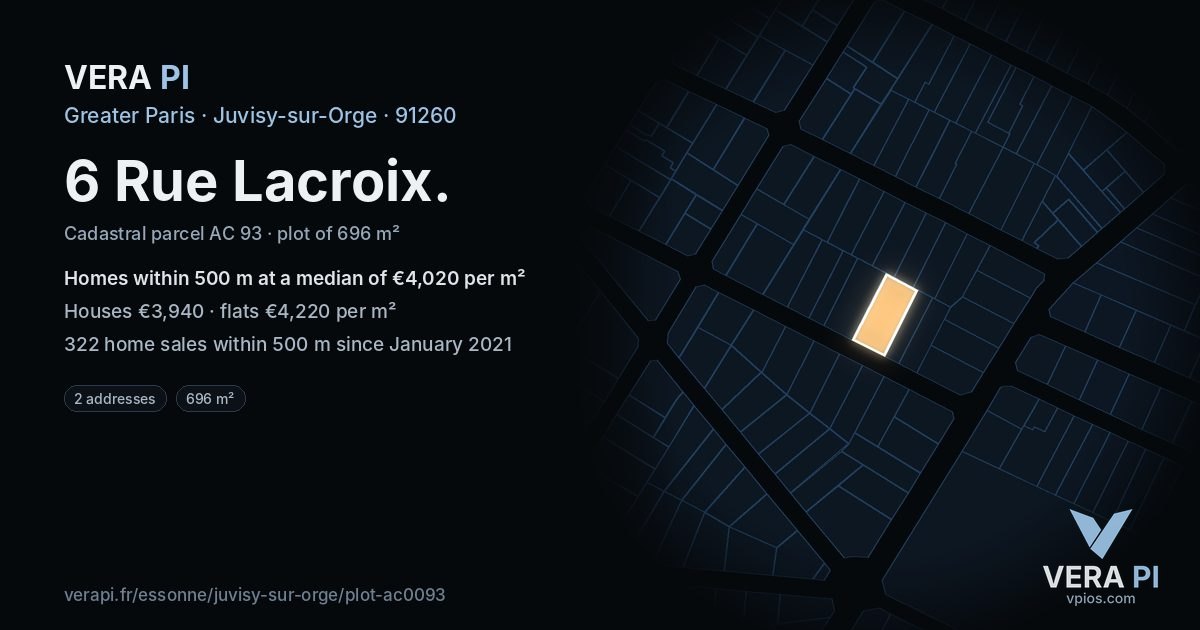 6 Rue Lacroix, Juvisy-sur-Orge at night – the plot lit, the parcels around coloured by the prices near them