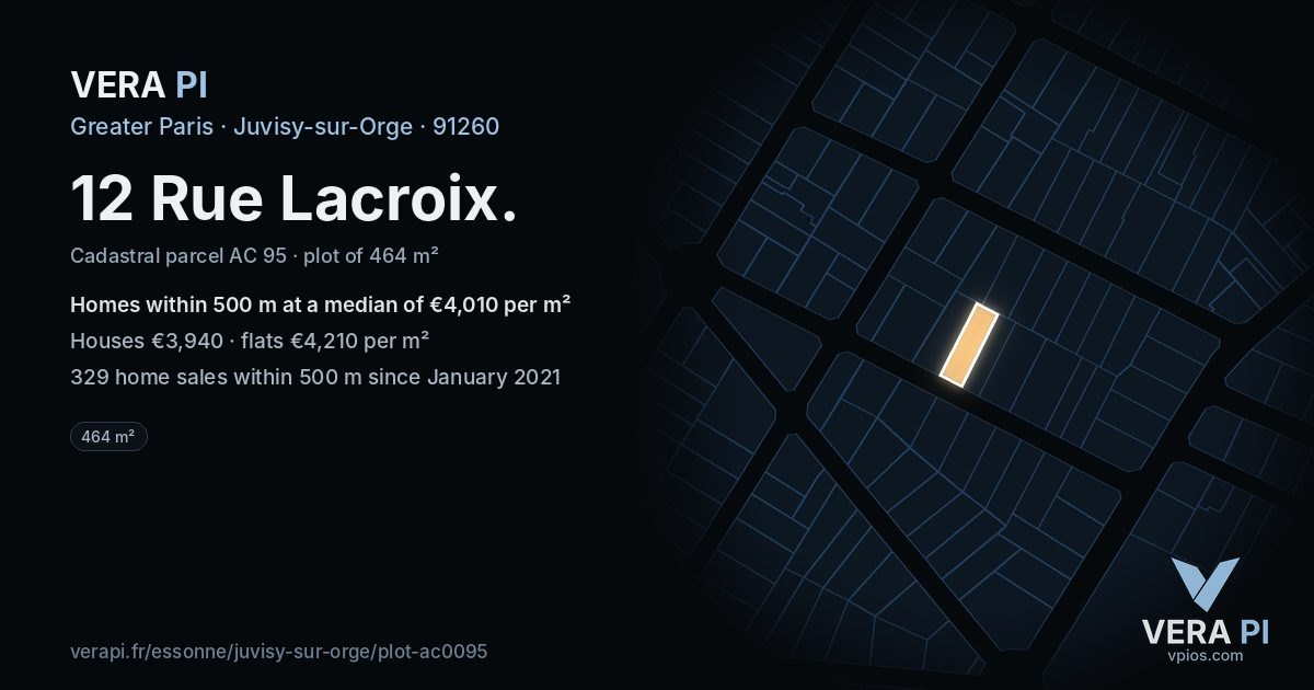12 Rue Lacroix, Juvisy-sur-Orge at night – the plot lit, the parcels around coloured by the prices near them