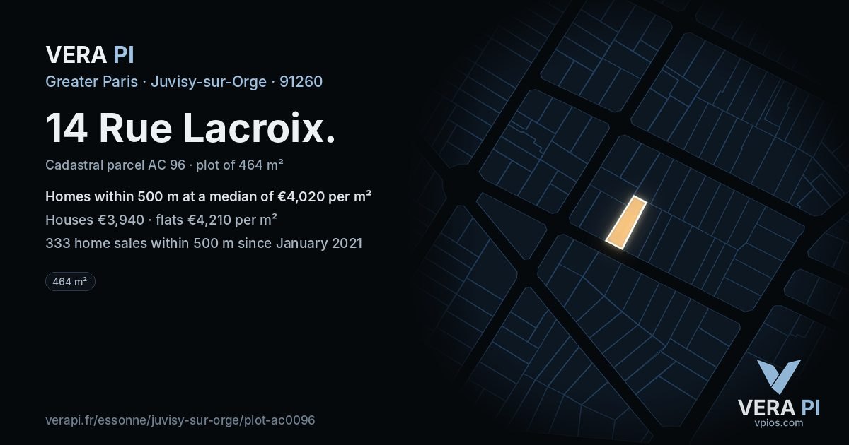 14 Rue Lacroix, Juvisy-sur-Orge at night – the plot lit, the parcels around coloured by the prices near them