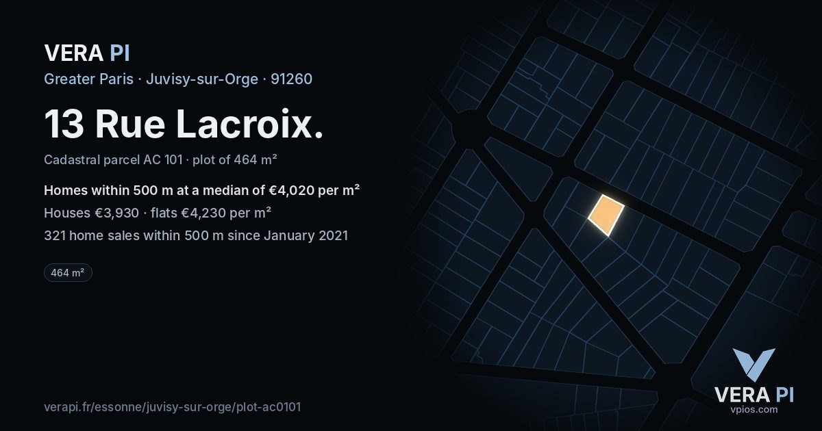 13 Rue Lacroix, Juvisy-sur-Orge at night – the plot lit, the parcels around coloured by the prices near them