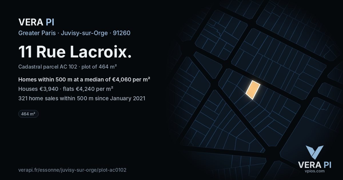 11 Rue Lacroix, Juvisy-sur-Orge at night – the plot lit, the parcels around coloured by the prices near them