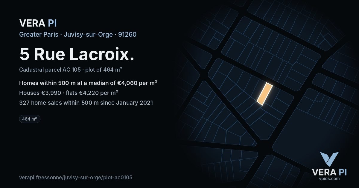 5 Rue Lacroix, Juvisy-sur-Orge at night – the plot lit, the parcels around coloured by the prices near them