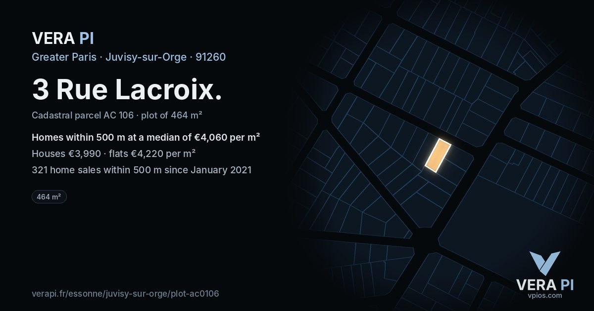 3 Rue Lacroix, Juvisy-sur-Orge at night – the plot lit, the parcels around coloured by the prices near them