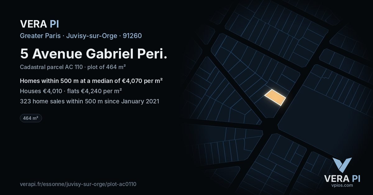 5 Avenue Gabriel Peri, Juvisy-sur-Orge at night – the plot lit, the parcels around coloured by the prices near them