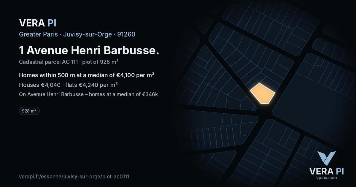 1 Avenue Henri Barbusse, Juvisy-sur-Orge at night – the plot lit, the parcels around coloured by the prices near them