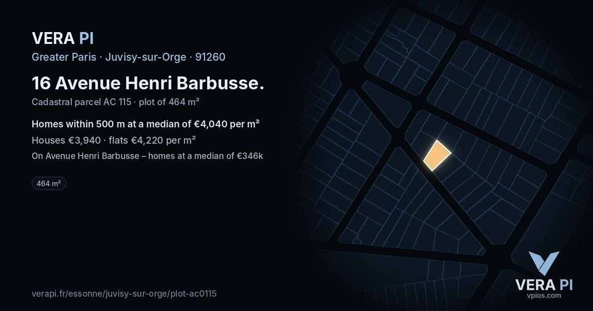 16 Avenue Henri Barbusse, Juvisy-sur-Orge at night – the plot lit, the parcels around coloured by the prices near them