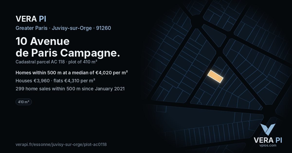 10 Avenue de Paris Campagne, Juvisy-sur-Orge at night – the plot lit, the parcels around coloured by the prices near them