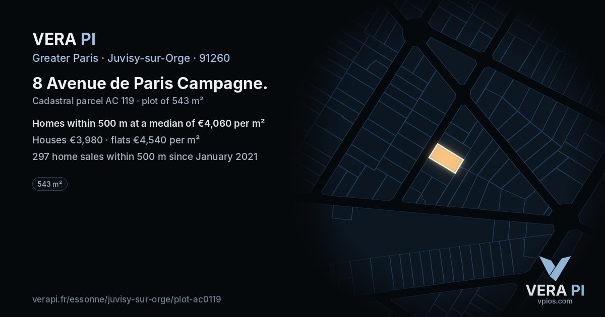 8 Avenue de Paris Campagne, Juvisy-sur-Orge at night – the plot lit, the parcels around coloured by the prices near them