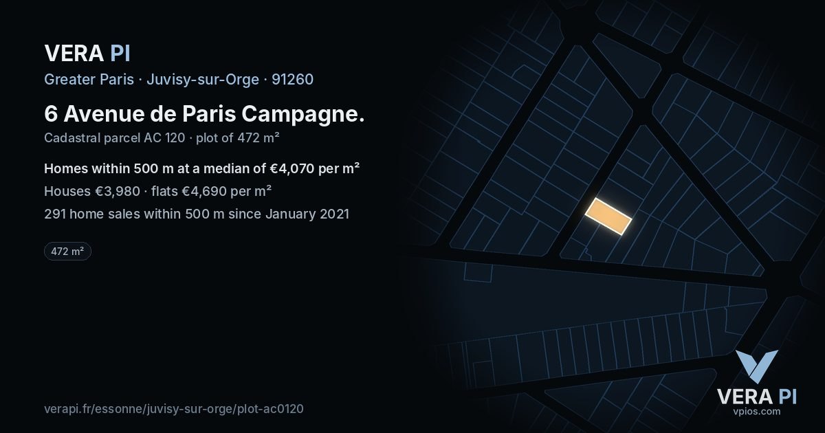 6 Avenue de Paris Campagne, Juvisy-sur-Orge at night – the plot lit, the parcels around coloured by the prices near them