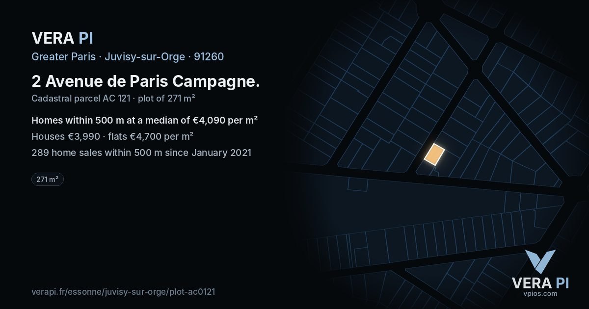 2 Avenue de Paris Campagne, Juvisy-sur-Orge at night – the plot lit, the parcels around coloured by the prices near them