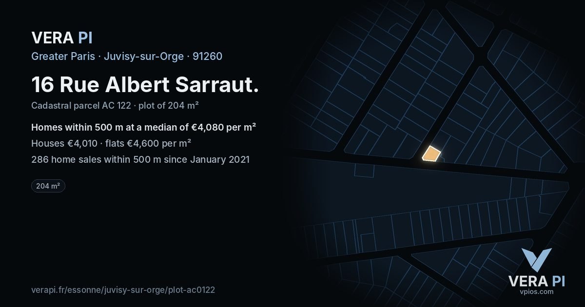 16 Rue Albert Sarraut, Juvisy-sur-Orge at night – the plot lit, the parcels around coloured by the prices near them