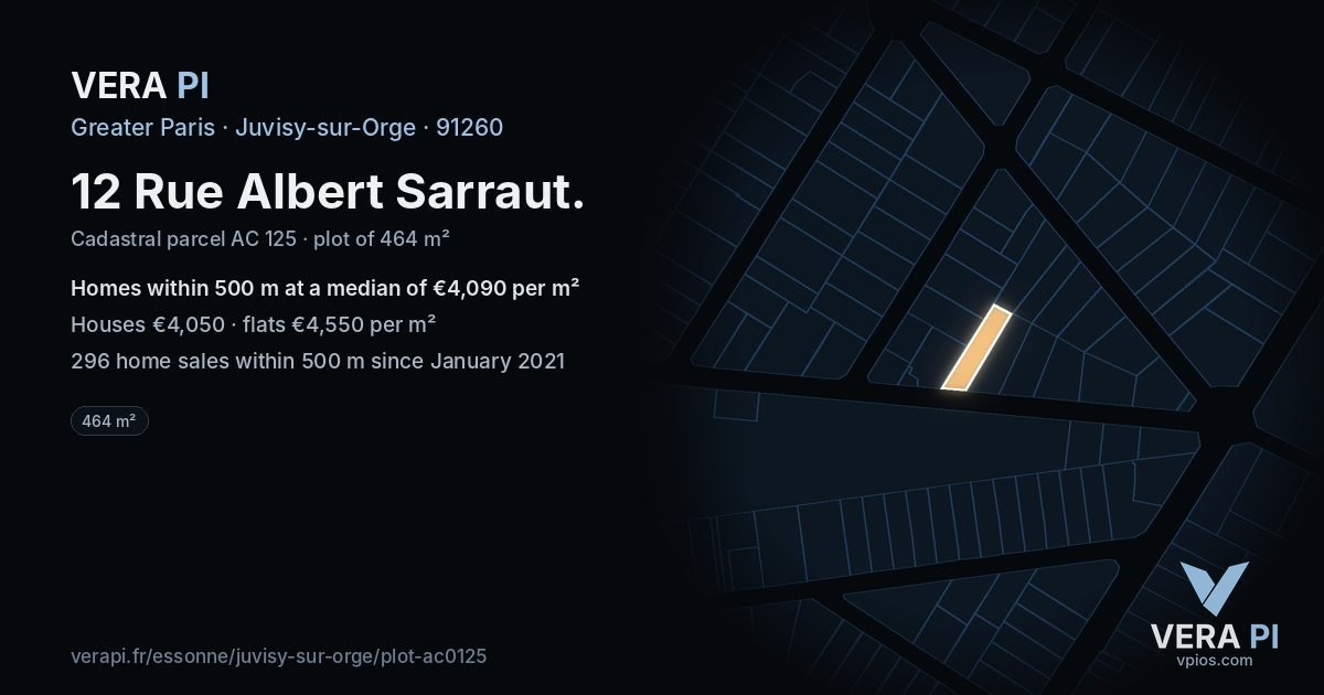 12 Rue Albert Sarraut, Juvisy-sur-Orge at night – the plot lit, the parcels around coloured by the prices near them