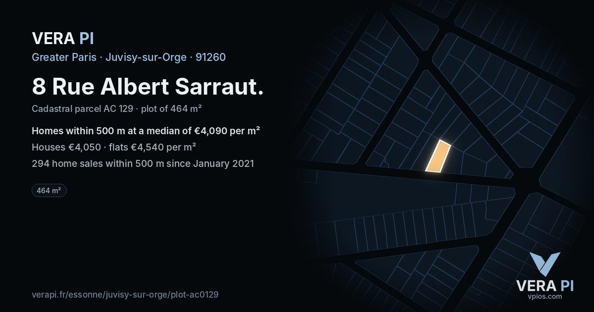 8 Rue Albert Sarraut, Juvisy-sur-Orge at night – the plot lit, the parcels around coloured by the prices near them