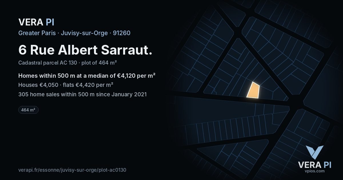 6 Rue Albert Sarraut, Juvisy-sur-Orge at night – the plot lit, the parcels around coloured by the prices near them