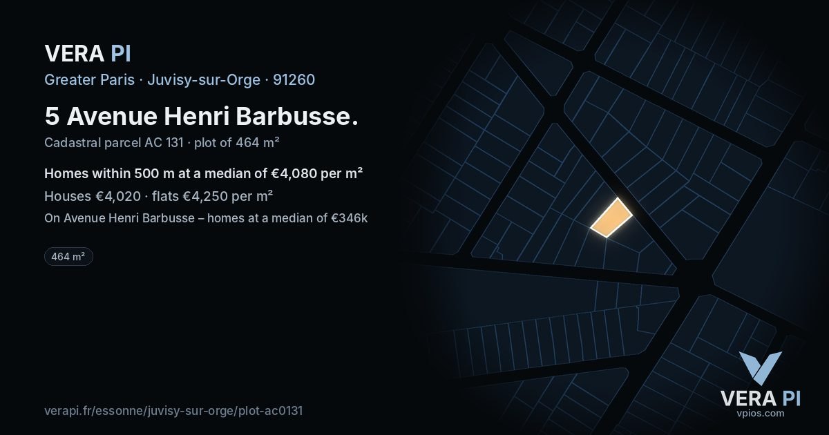 5 Avenue Henri Barbusse, Juvisy-sur-Orge at night – the plot lit, the parcels around coloured by the prices near them